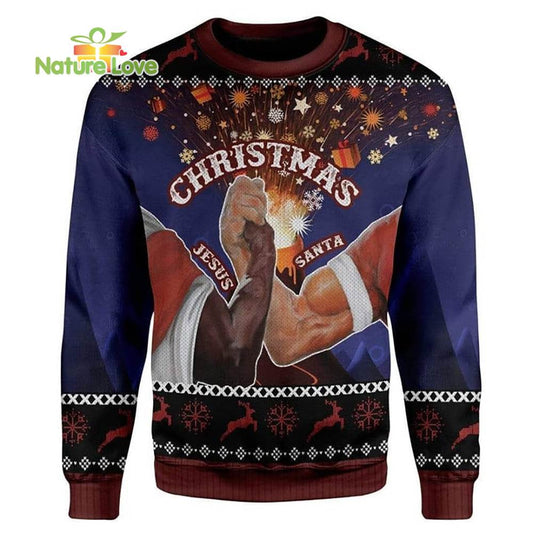 Arm Wrestling Santa and Jesus Xmas Gifts Ugly Christmas Sweater - Holiday Gift product image