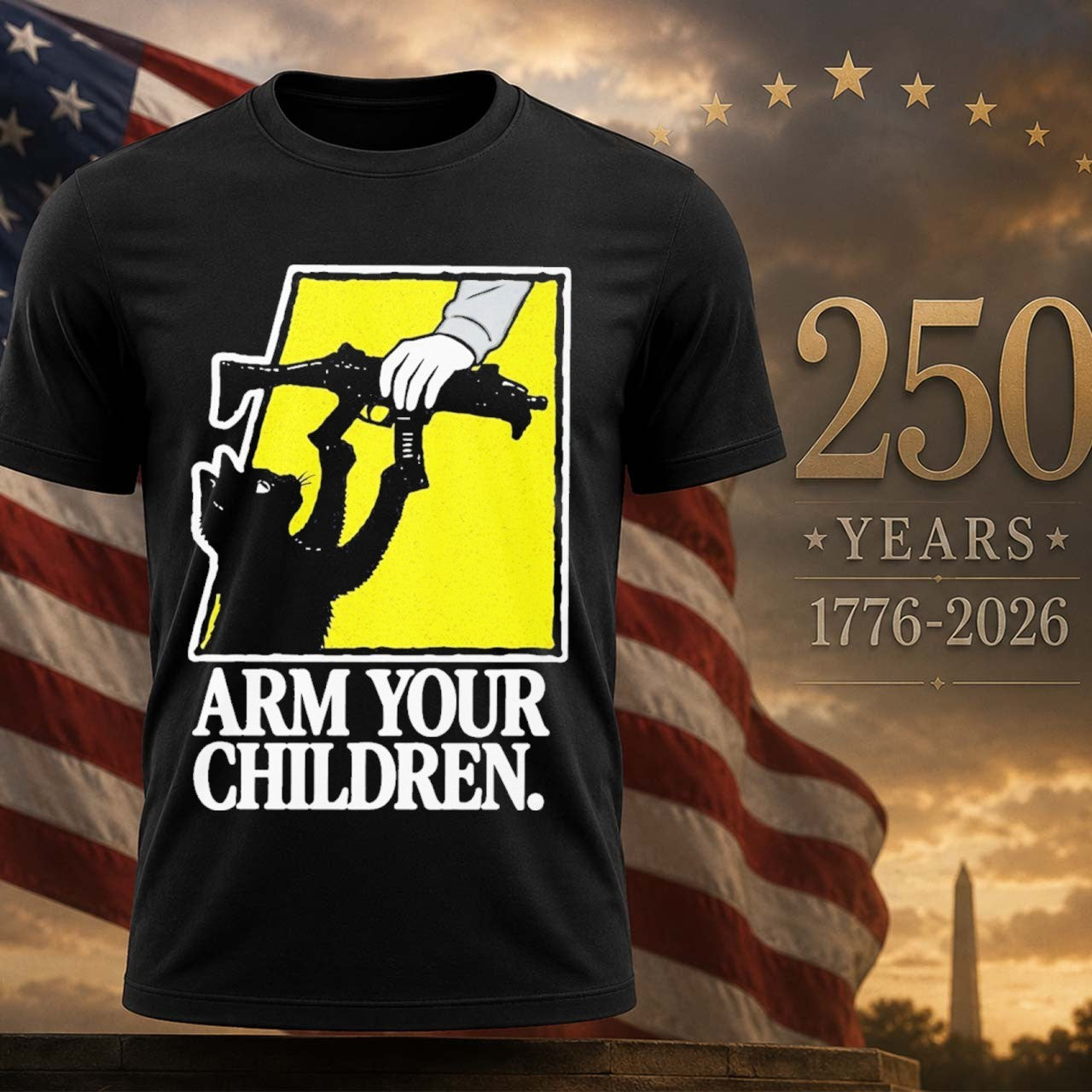Arm Your Children Black Cat With Gun Satire - Adult & Kids T-Shirts, Sweatshirts & Hoodies apparel design preview 1