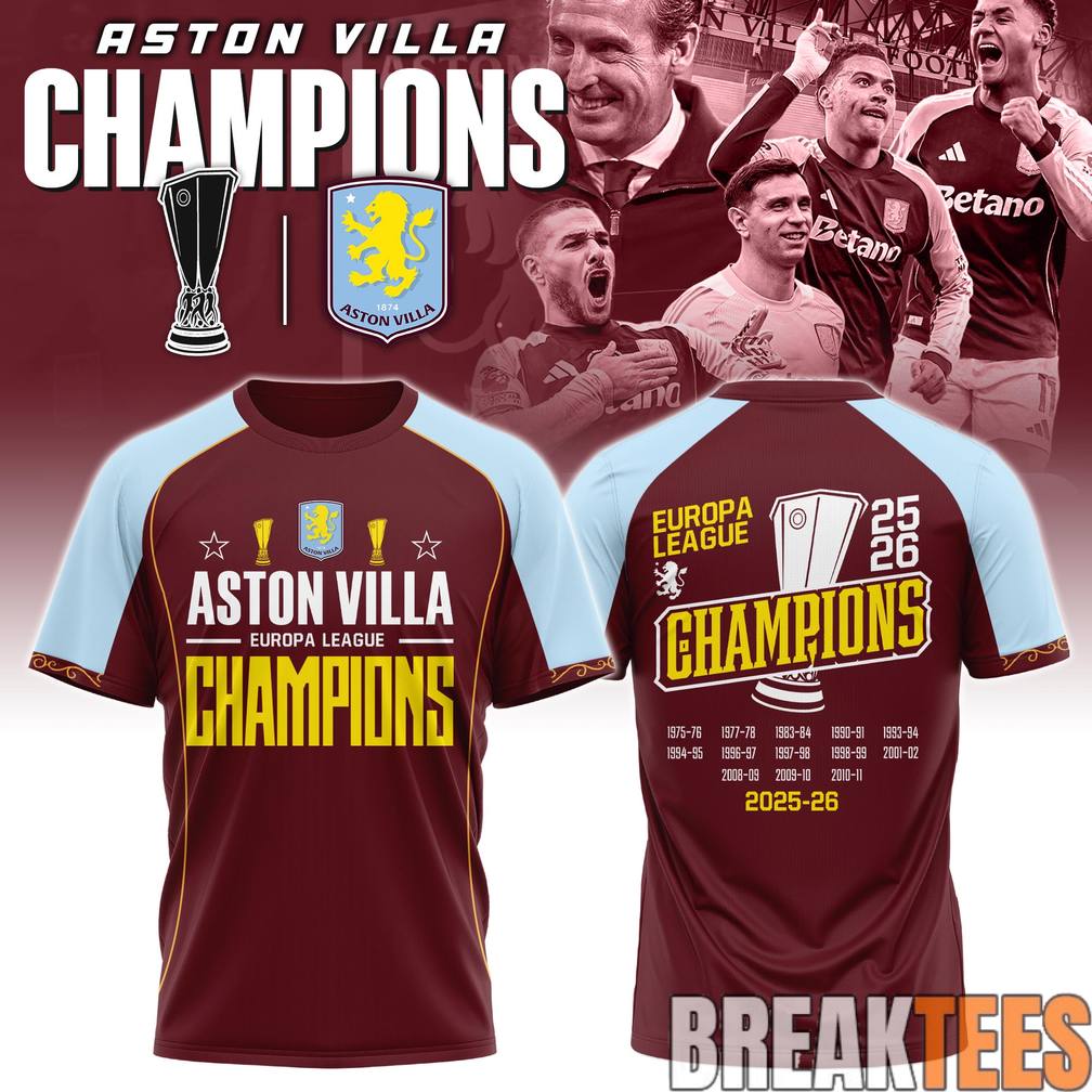 Aston Villa Europa League Champions 2025-26 - Adult & Kids T-Shirts, Sweatshirts & Hoodies apparel design preview 1