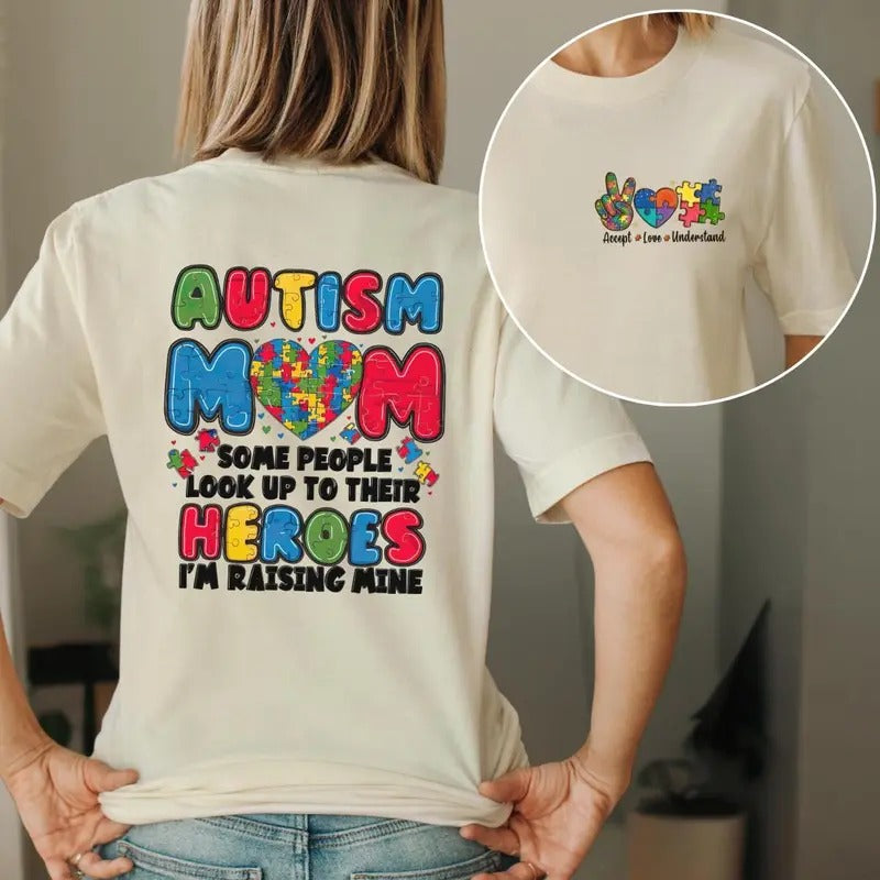 Autism Mom Raising My Hero Puzzle Heart Awareness - Adult & Kids T-Shirts, Sweatshirts & Hoodies apparel design preview 1