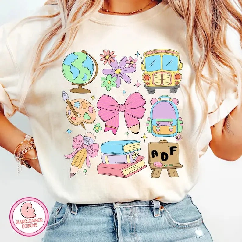 Back School Coquette Bus Books Globe Flowers Girl - Adult & Kids T-Shirts, Sweatshirts & Hoodies apparel design preview 1