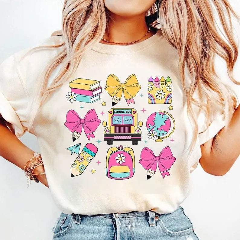 Back School Coquette Bow First Day Bus Books Girl - Adult & Kids T-Shirts, Sweatshirts & Hoodies apparel design preview 1