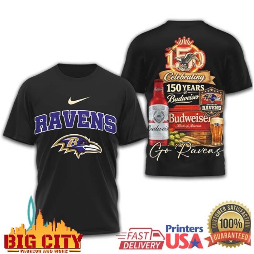 Baltimore Ravens Celebrating 150 Years of Budweiser - Adult & Kids T-Shirts, Sweatshirts & Hoodies apparel design preview 1