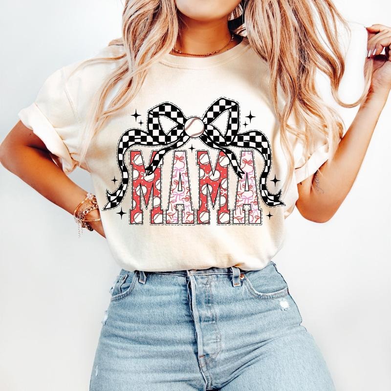 Baseball Mama Coquette Game Day Bow Checkered Mom - Adult & Kids T-Shirts, Sweatshirts & Hoodies apparel design preview 1