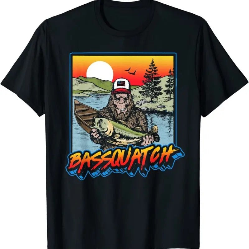 Bassquatch! Funny Bass Fishing Sasquatch Retro 80s - Adult & Kids T-Shirts, Sweatshirts & Hoodies apparel design preview 1