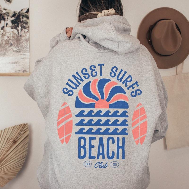 Beach Surf Club Letter Print Drop Shoulder Drawstring - Adult & Kids T-Shirts, Sweatshirts & Hoodies apparel design preview 1