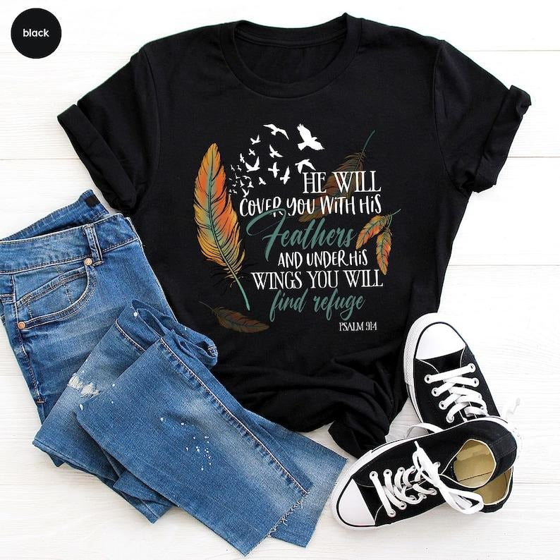 Bible Verse Christian He Will Cover You His Feathers - Adult & Kids T-Shirts, Sweatshirts & Hoodies apparel design preview 1