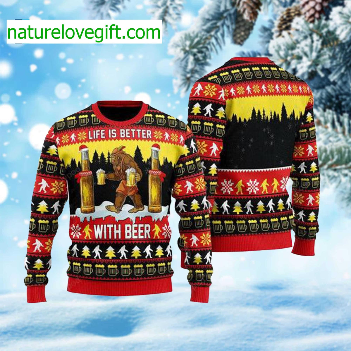 Bigfoot Life Is Better With Beer Ugly Christmas Sweater - Holiday Gift product image