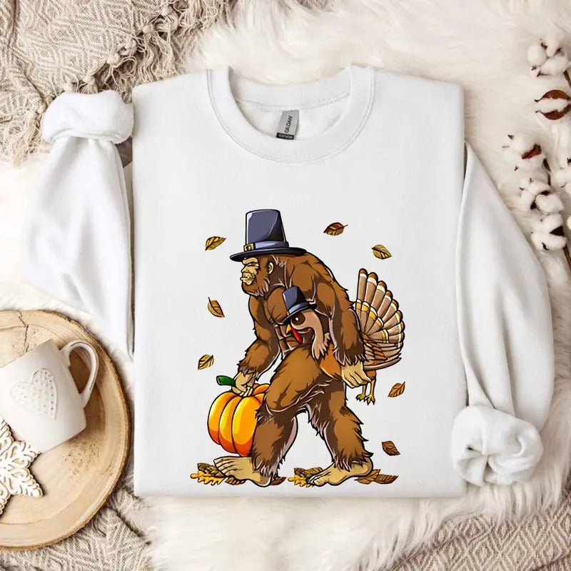 Bigfoot Turkey Pumpkin Thanksgiving Sasquatch Happy - Adult & Kids T-Shirts, Sweatshirts & Hoodies apparel design preview 1