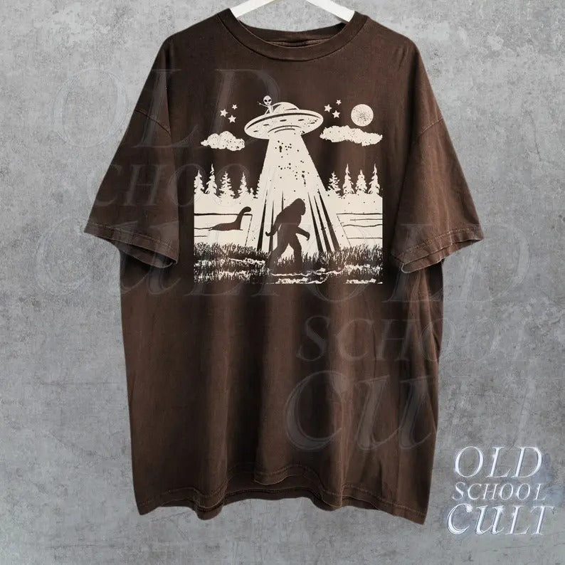 Bigfoot Ufo Retro 90s Sasquatch Funny Hiking Yeti - Adult & Kids T-Shirts, Sweatshirts & Hoodies apparel design preview 1