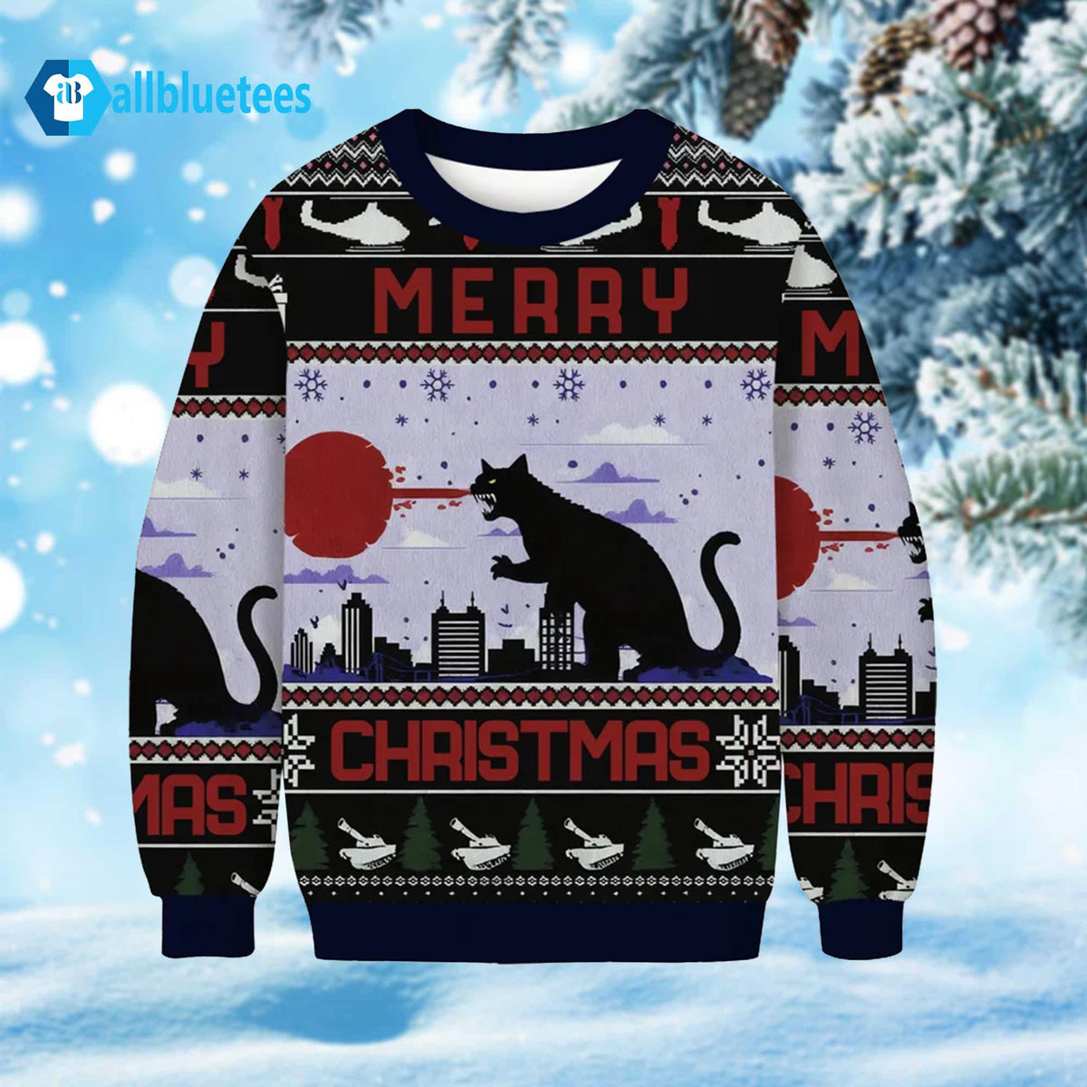 Black Cat Cosplay Godzilla Ugly Christmas Sweater - Holiday Gift product image