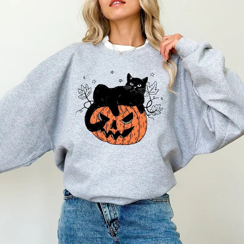 Black Cat Halloween Pumpkin - Adult & Kids T-Shirts, Sweatshirts & Hoodies apparel design preview 1