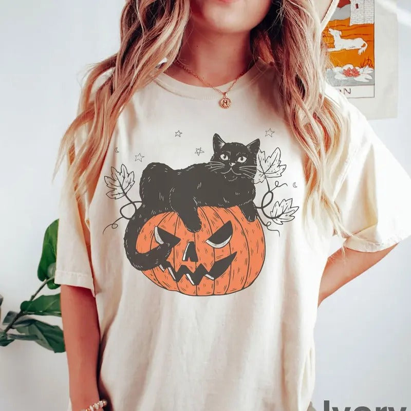 Black Cat Pumpkin Fall Halloween - Adult & Kids T-Shirts, Sweatshirts & Hoodies apparel design preview 1