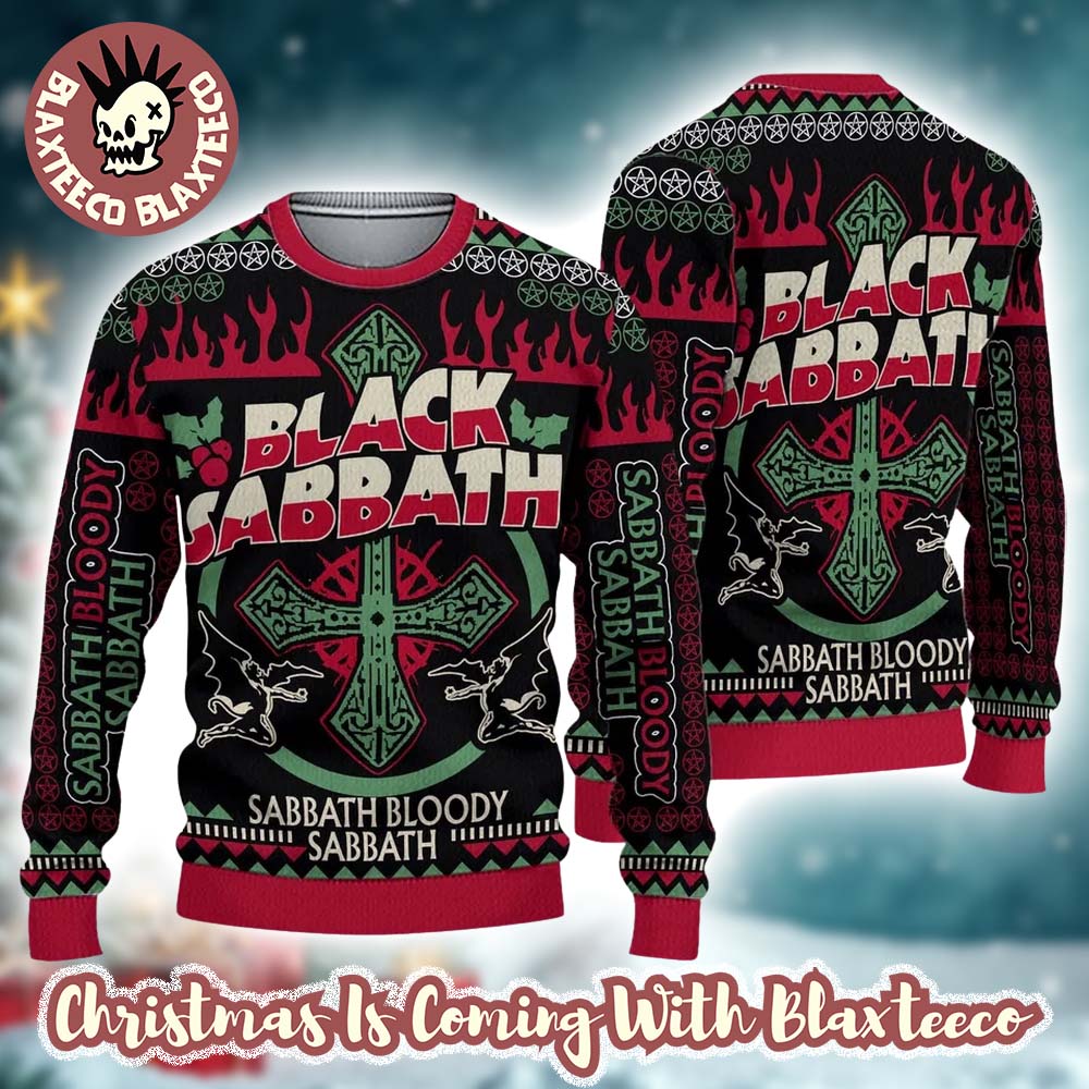 Black Sabbath Rock Sabbath Bloody Sabbath Inverted Cross Black And Red Ugly Christmas Sweater - Holiday Gift product image