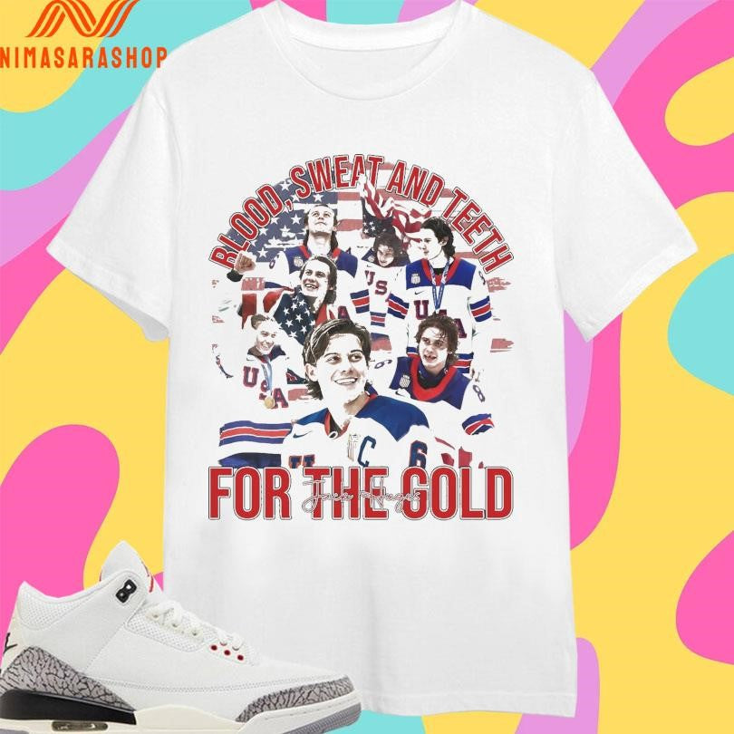 Blood Sweat And Teeth For The Gold Jack Hughes Usa - Adult & Kids T-Shirts, Sweatshirts & Hoodies apparel design preview 1