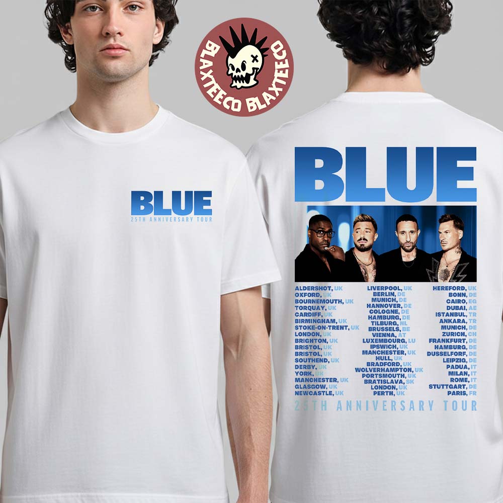 Blue 25th Anniversary 2026 Tour UK And EU Merch White - Adult & Kids T-Shirts, Sweatshirts & Hoodies apparel design preview 1