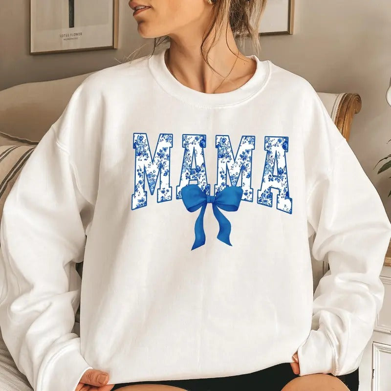 Blue Floral Coquette Bow Mama Flower Lettering Mom - Adult & Kids T-Shirts, Sweatshirts & Hoodies apparel design preview 1