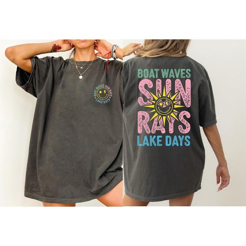Boat Waves Sun Rays Lake Days Retro Summer Vintage - Adult & Kids T-Shirts, Sweatshirts & Hoodies apparel design preview 1
