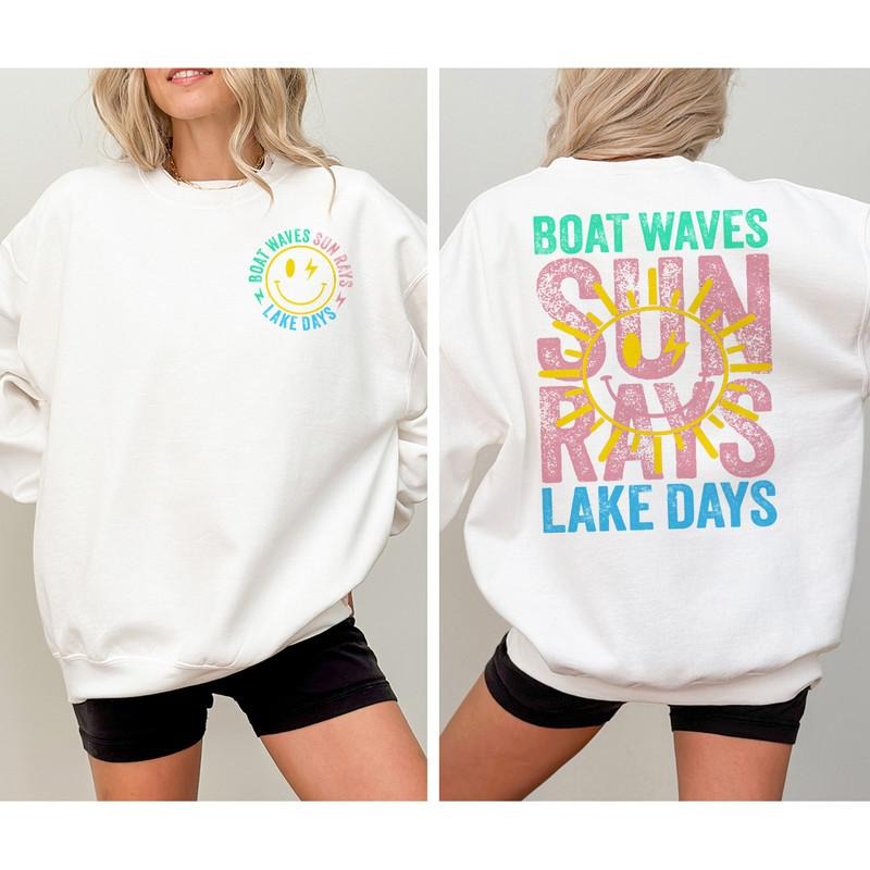 Boat Waves Sun Rays River Days Summer Retro Hello - Adult & Kids T-Shirts, Sweatshirts & Hoodies apparel design preview 1