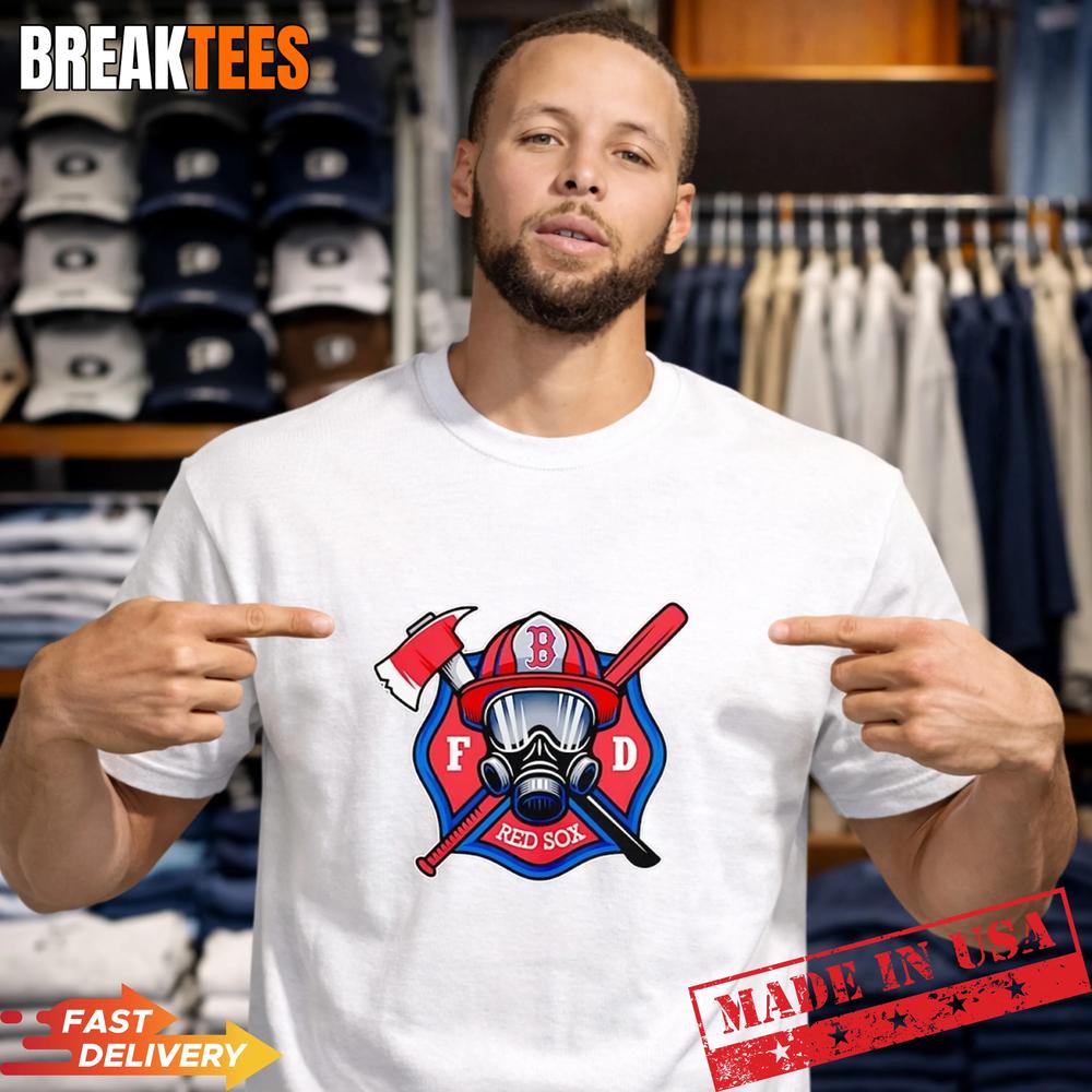 Boston Red Sox x Firefighters Helmet Axe And Baseball - Adult & Kids T-Shirts, Sweatshirts & Hoodies apparel design preview 1