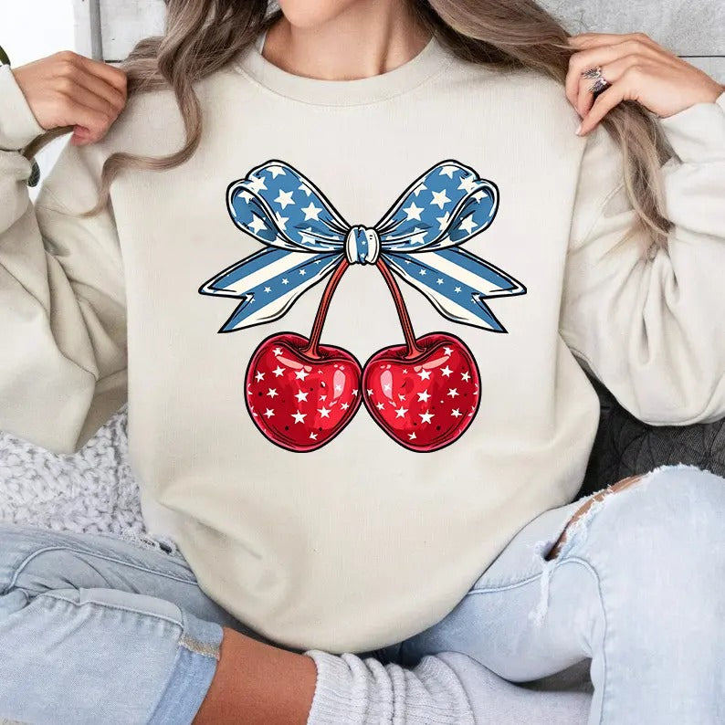 Bow Cherry Coquette USA Flag Lover American Retro - Adult & Kids T-Shirts, Sweatshirts & Hoodies apparel design preview 1