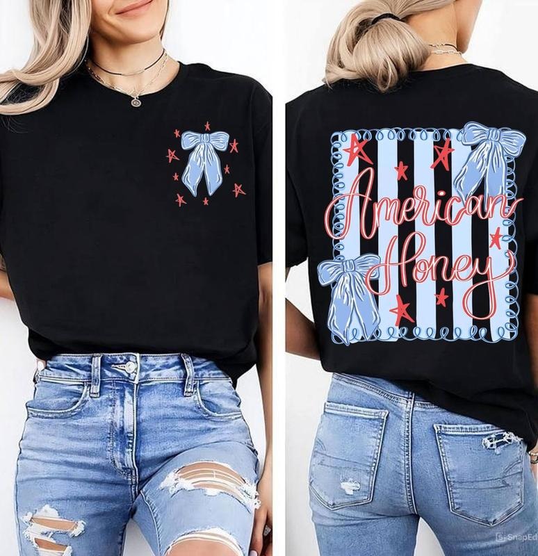 Brushtroke American Honey Flag Coquette Bows 2 Sided - Adult & Kids T-Shirts, Sweatshirts & Hoodies apparel design preview 1