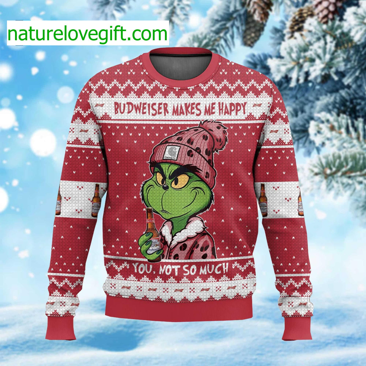 Budweiser Makes Me Happy Ugly Christmas Sweater - Gift Idea product image