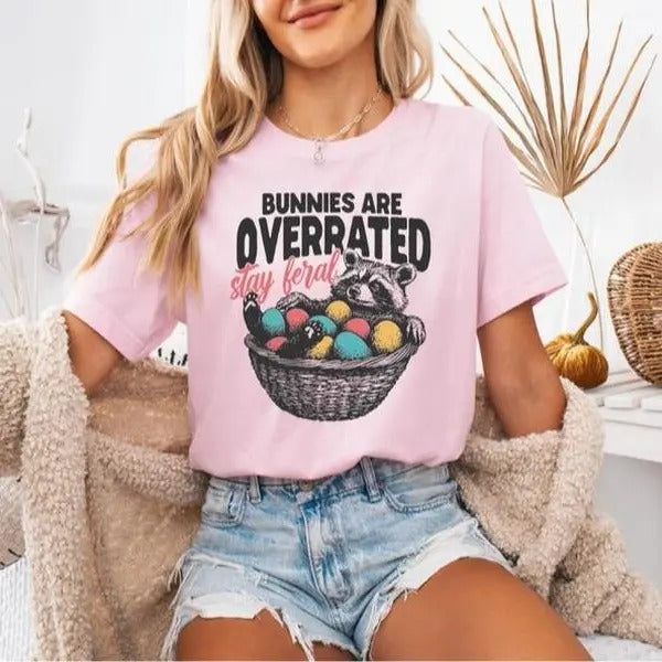 Bunnies Are Overrated Stay Feral Funny Easter Raccoon - Adult & Kids T-Shirts, Sweatshirts & Hoodies apparel design preview 1