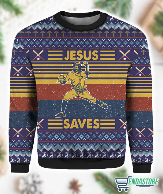Baseball Jesus Save 3D Christmas Sweater - Holiday Gift product image 2