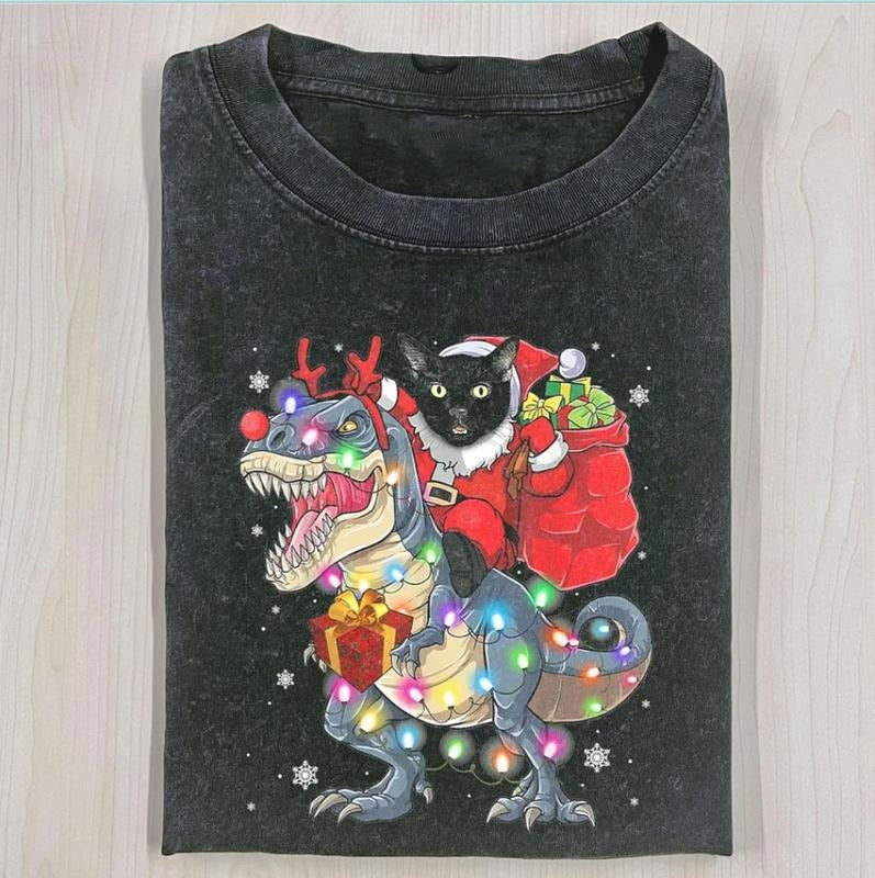 CAT RIDING DINOSAUR T REX - Adult & Kids T-Shirts, Sweatshirts & Hoodies apparel design preview 1