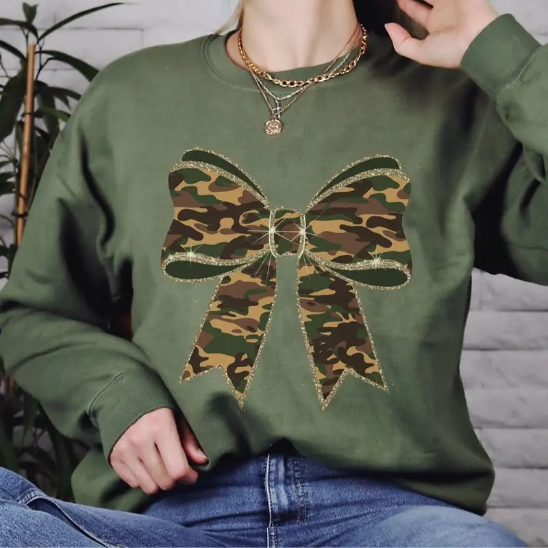 Camo Coquette Bow Glittery Effect Printed Camoflauge - Adult & Kids T-Shirts, Sweatshirts & Hoodies apparel design preview 1