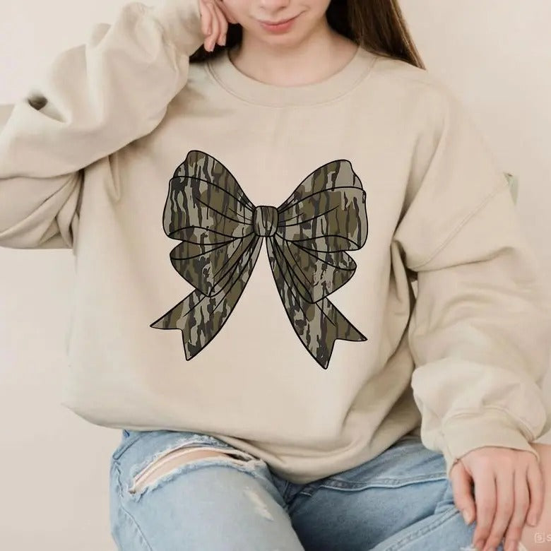 Camo Coquette Bow Old School Cotton Round Neck Lady - Adult & Kids T-Shirts, Sweatshirts & Hoodies apparel design preview 1