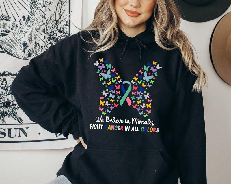 Cancer Butterfly Ribbon We Believe Miracles Fight All - Adult & Kids T-Shirts, Sweatshirts & Hoodies apparel design preview 1