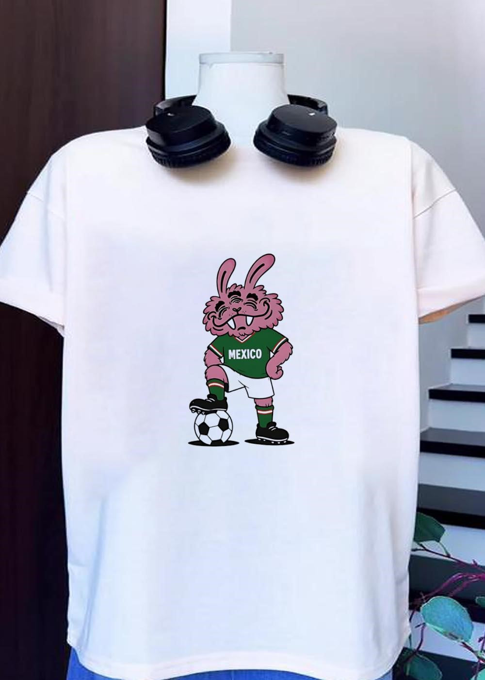 Cartoon Mascot Pink Bunny Standing with Soccer Ball - Adult & Kids T-Shirts, Sweatshirts & Hoodies apparel design preview 1