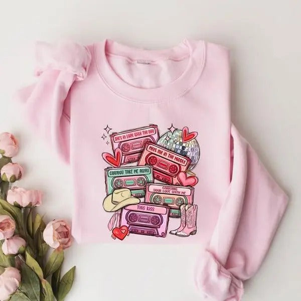 Cassette Tapes Love Songs Happy Western Valentine - Adult & Kids T-Shirts, Sweatshirts & Hoodies apparel design preview 1
