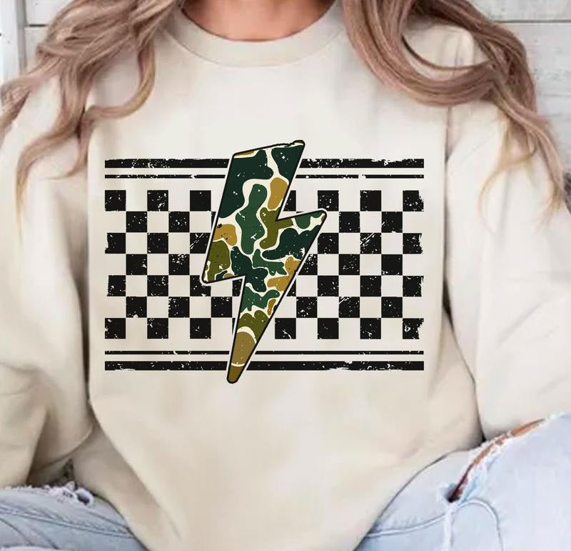 Checkered Camo Lightning Bolt Distressed Hunting Mom - Adult & Kids T-Shirts, Sweatshirts & Hoodies apparel design preview 1
