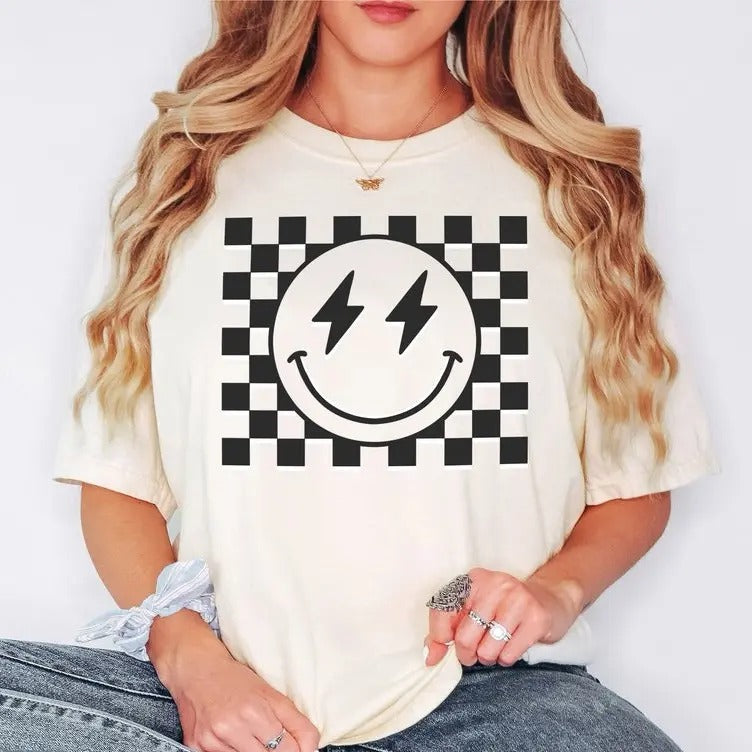 Checkered Smiley FaceT Retro Happy Face Vintage - Adult & Kids T-Shirts, Sweatshirts & Hoodies apparel design preview 1