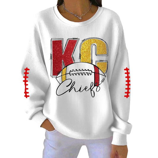 WHITE-Chief Football Casual Print Ribbed Long Sleeve Sweatshirt 3D Sweater - Gift for Sports & Hobby Fans product image