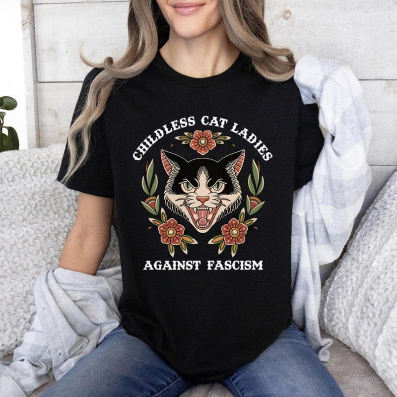 Childless Cat Lady Against Fascism Feminist Top - Adult & Kids T-Shirts, Sweatshirts & Hoodies apparel design preview 1
