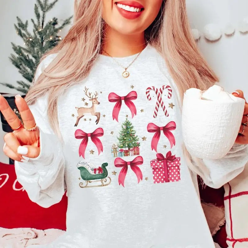 Bow Collage Candy Cane Reindeer Coquette Santa Claus - Adult & Kids T-Shirts, Sweatshirts & Hoodies apparel design preview 1