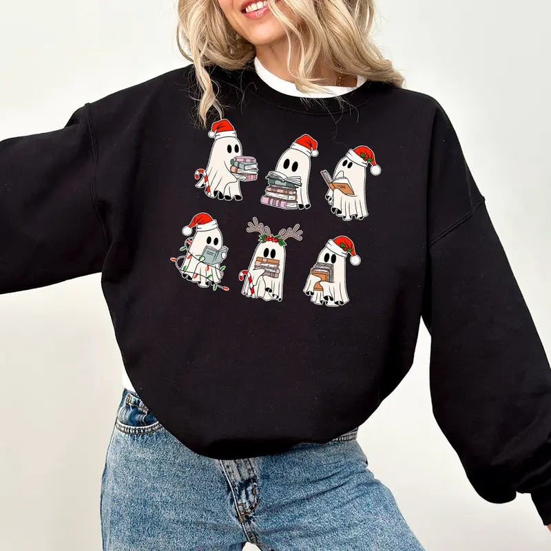 Retro Ghosts Reading Books Teacher Librarian Winter - Adult & Kids T-Shirts, Sweatshirts & Hoodies apparel design preview 1