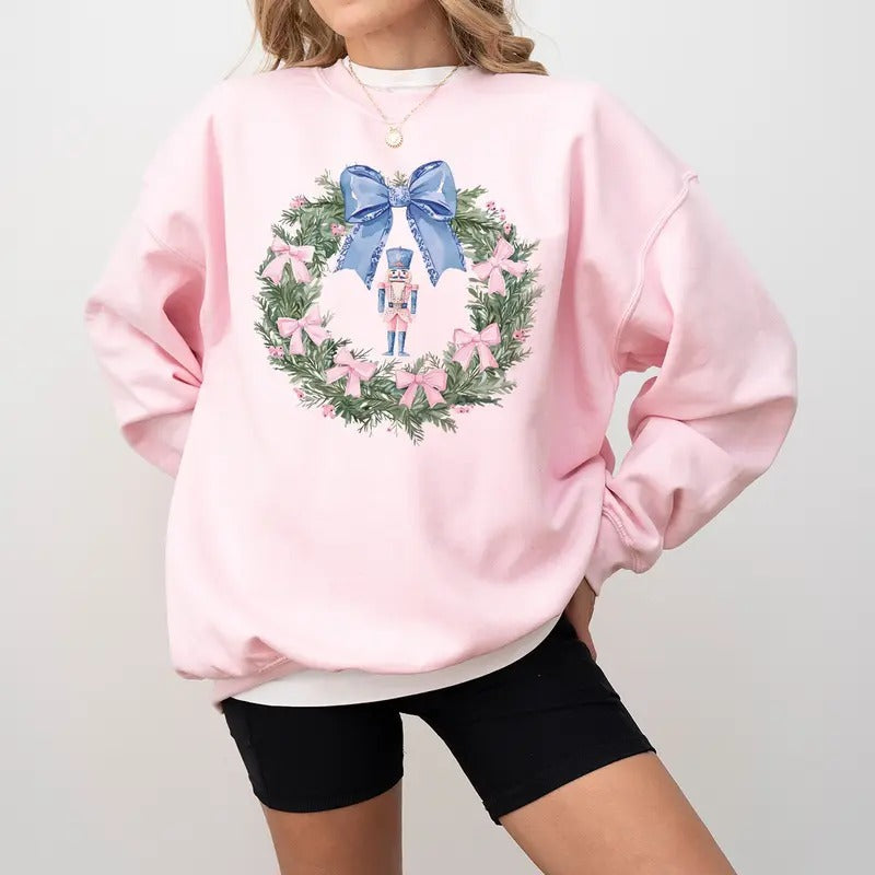 Toile Nutcracker Wreath Preppy Blue Coquette Bow - Adult & Kids T-Shirts, Sweatshirts & Hoodies apparel design preview 1