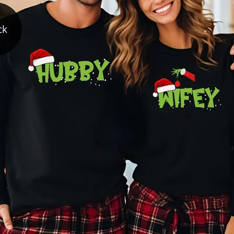 Wifey Hubby Xmas Couple Married Pjs Matching - Adult & Kids T-Shirts, Sweatshirts & Hoodies apparel design preview 1