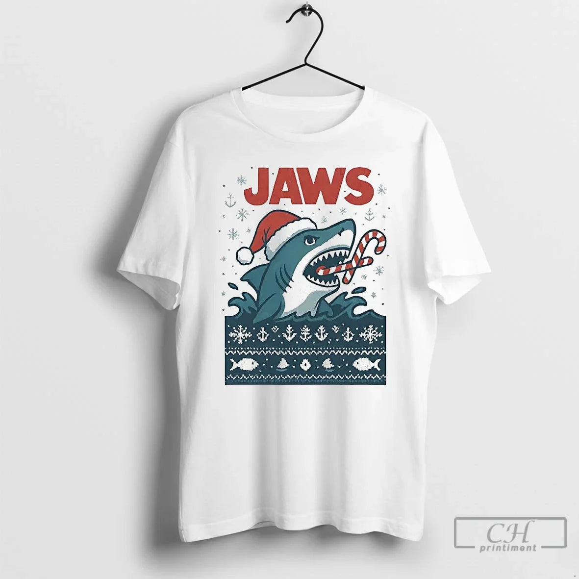 Classic Jaws Eating Candy Cane Christmas - Adult & Kids T-Shirts, Sweatshirts & Hoodies apparel design preview 1