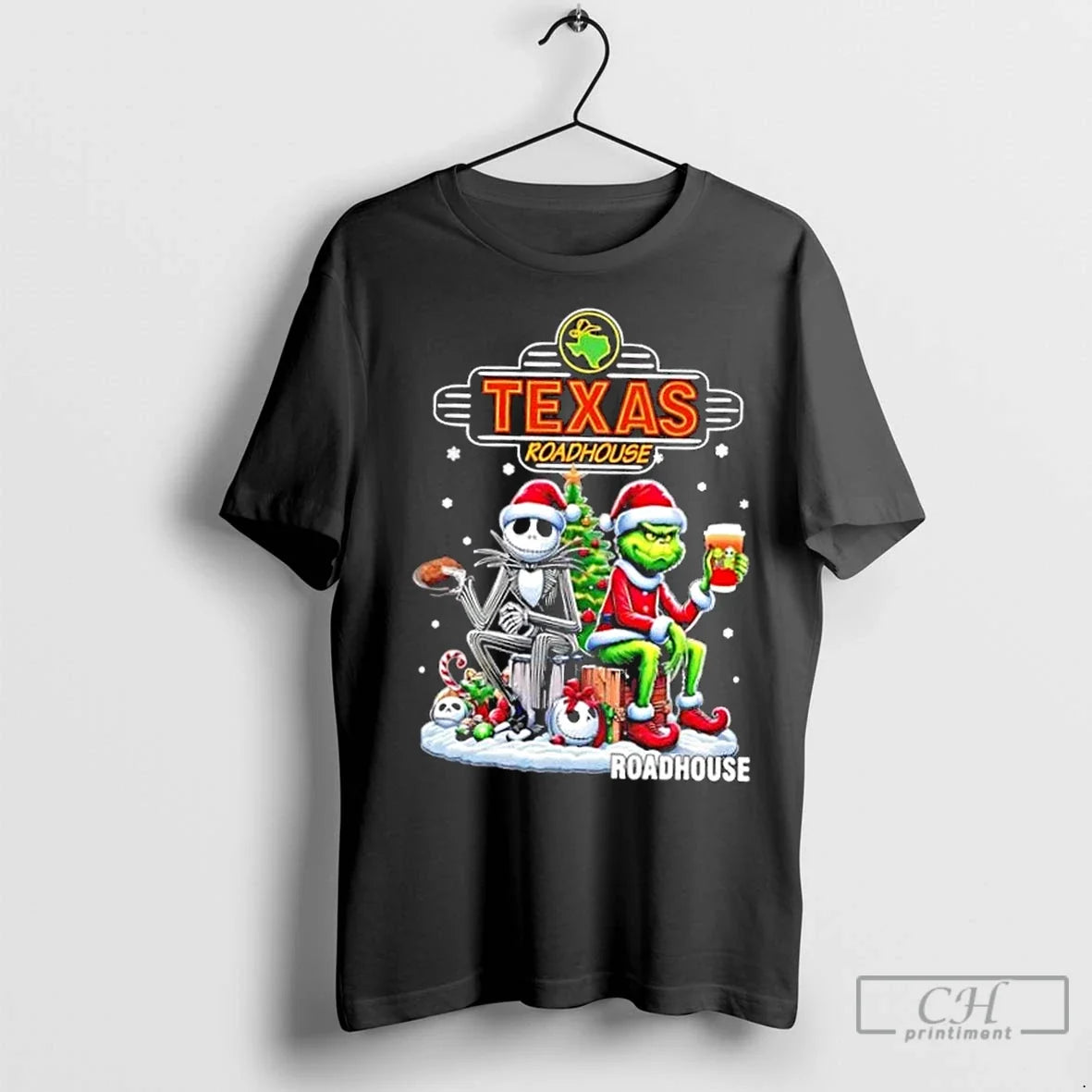 Classic Texas Roadhouse X Grinch And Jack Skellington - Adult & Kids T-Shirts, Sweatshirts & Hoodies apparel design preview 1