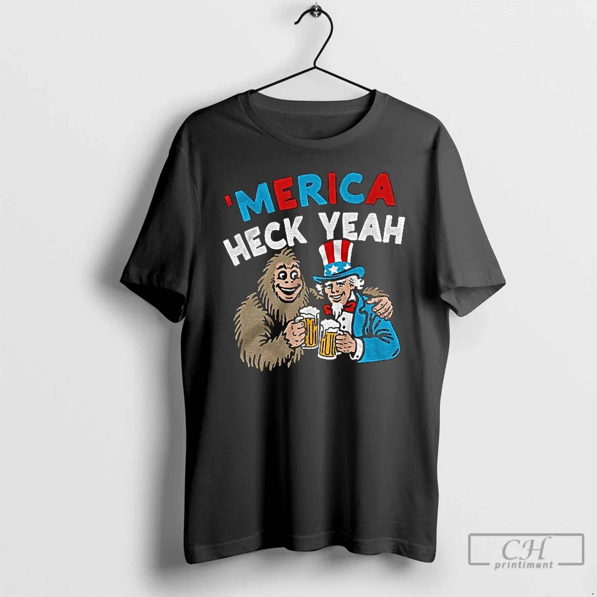 Classic Uncle Sam And Bigfoot Drink Beer Merica Heck - Adult & Kids T-Shirts, Sweatshirts & Hoodies apparel design preview 1