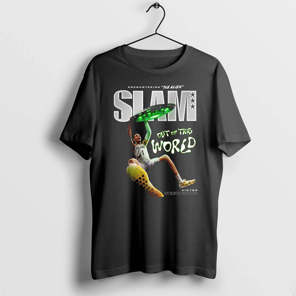 Classic Victor Wembanyama Encountering The Alien Slam - Adult & Kids T-Shirts, Sweatshirts & Hoodies apparel design preview 1