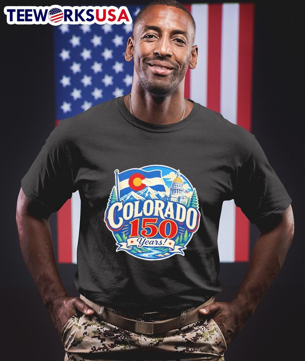 Colorado 150 Years Flag Mountains Capitol Building - Adult & Kids T-Shirts, Sweatshirts & Hoodies apparel design preview 1