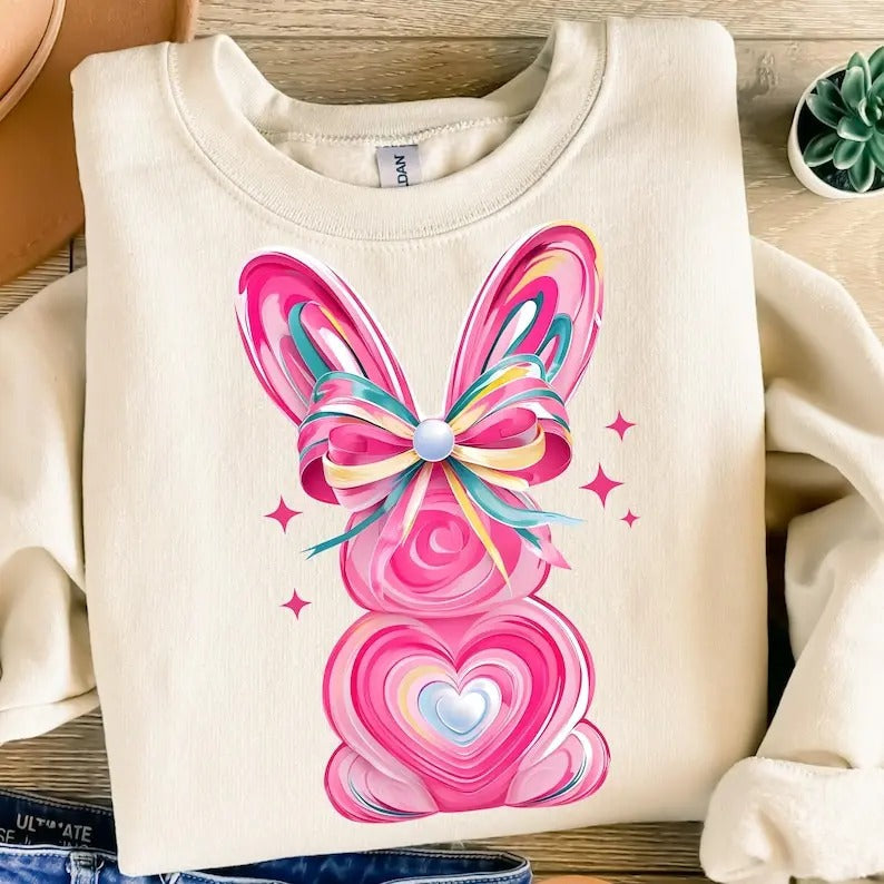 Colorful Brushstroke Bunny Easter Bow Preppy - Adult & Kids T-Shirts, Sweatshirts & Hoodies apparel design preview 1