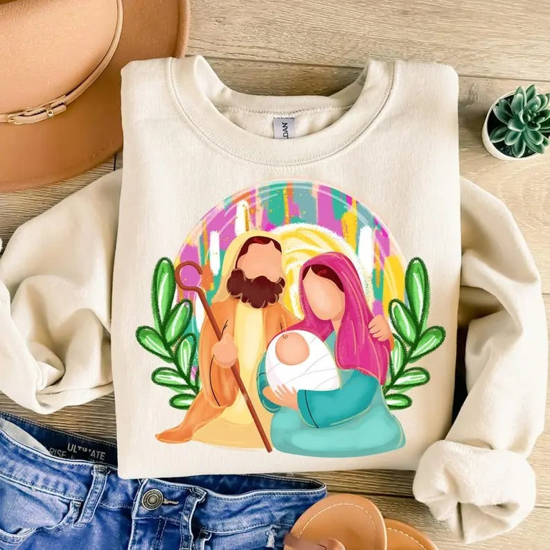 Colorful Glitter Nativity Jesus Baby Oh Come Let Us - Adult & Kids T-Shirts, Sweatshirts & Hoodies apparel design preview 1